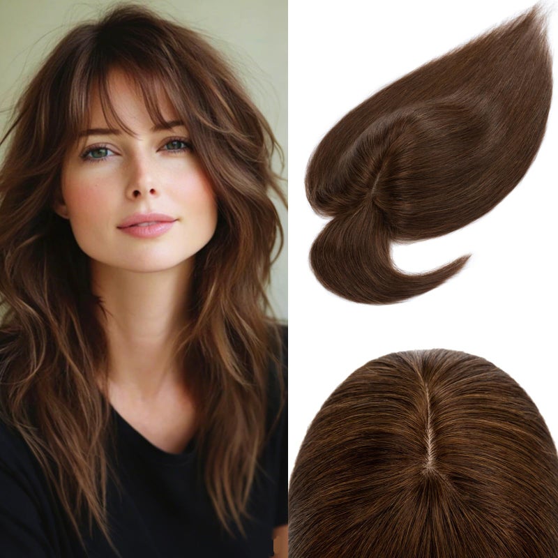 Rich Choices 100 Real Human Hair Topper with Bangs  Real Remy Hair Topper for Women Thinning on Top 51x27 Inch Breathable Invisible Clip In Silk Base Hair Piece 10 Inch 4 Medium Brown